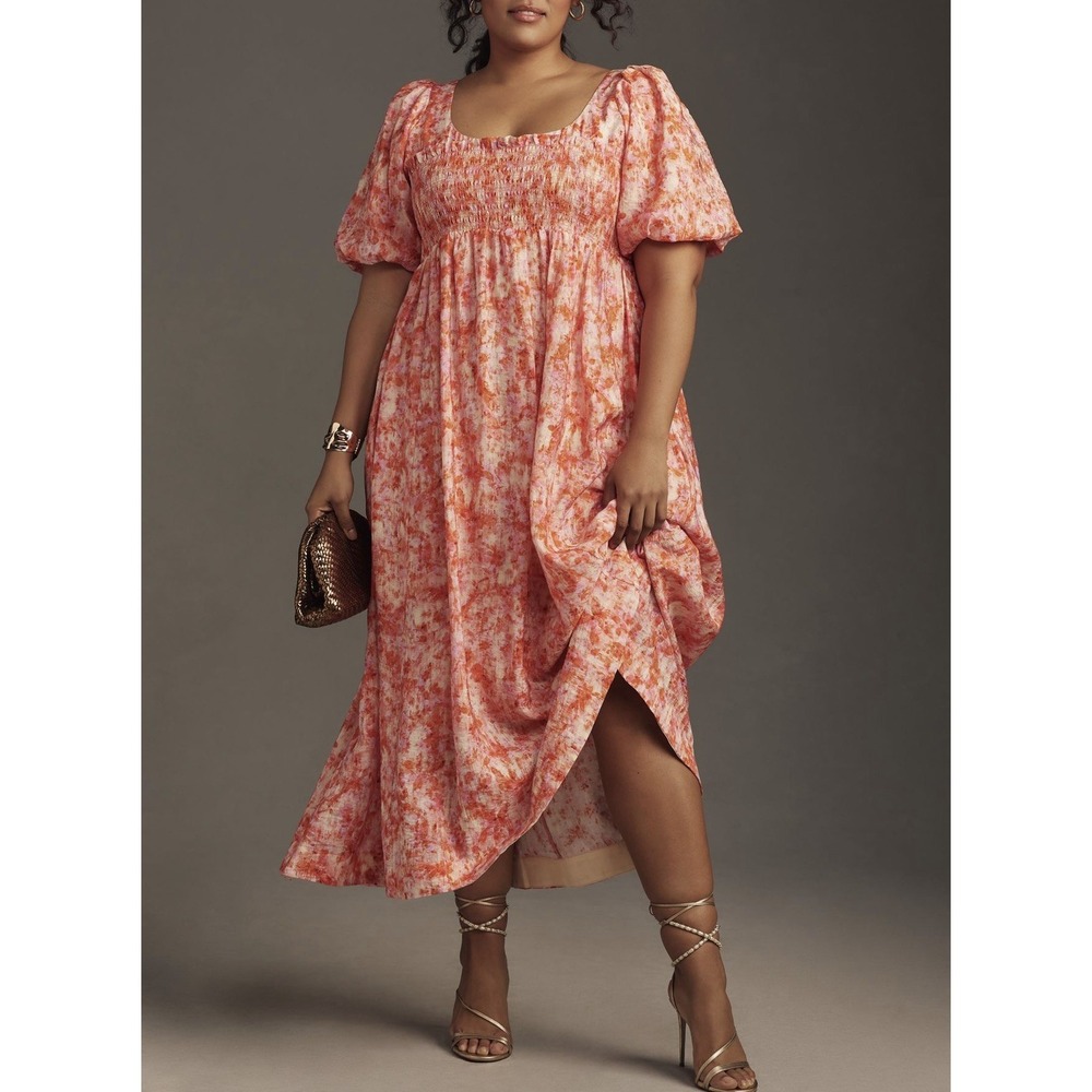 Anthropologie Women 1X Smocked Babydoll Printed Midi Dress Orange Cottagecore